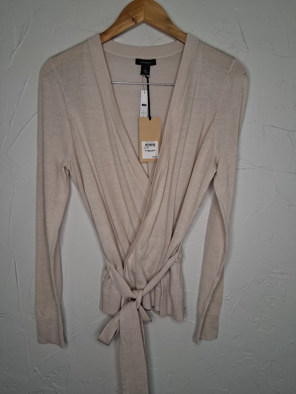 Halogen Merino Wool Blend Wrap Sweater Cardigan Belted Beige Balletcore Luxury - Picture 2 of 11